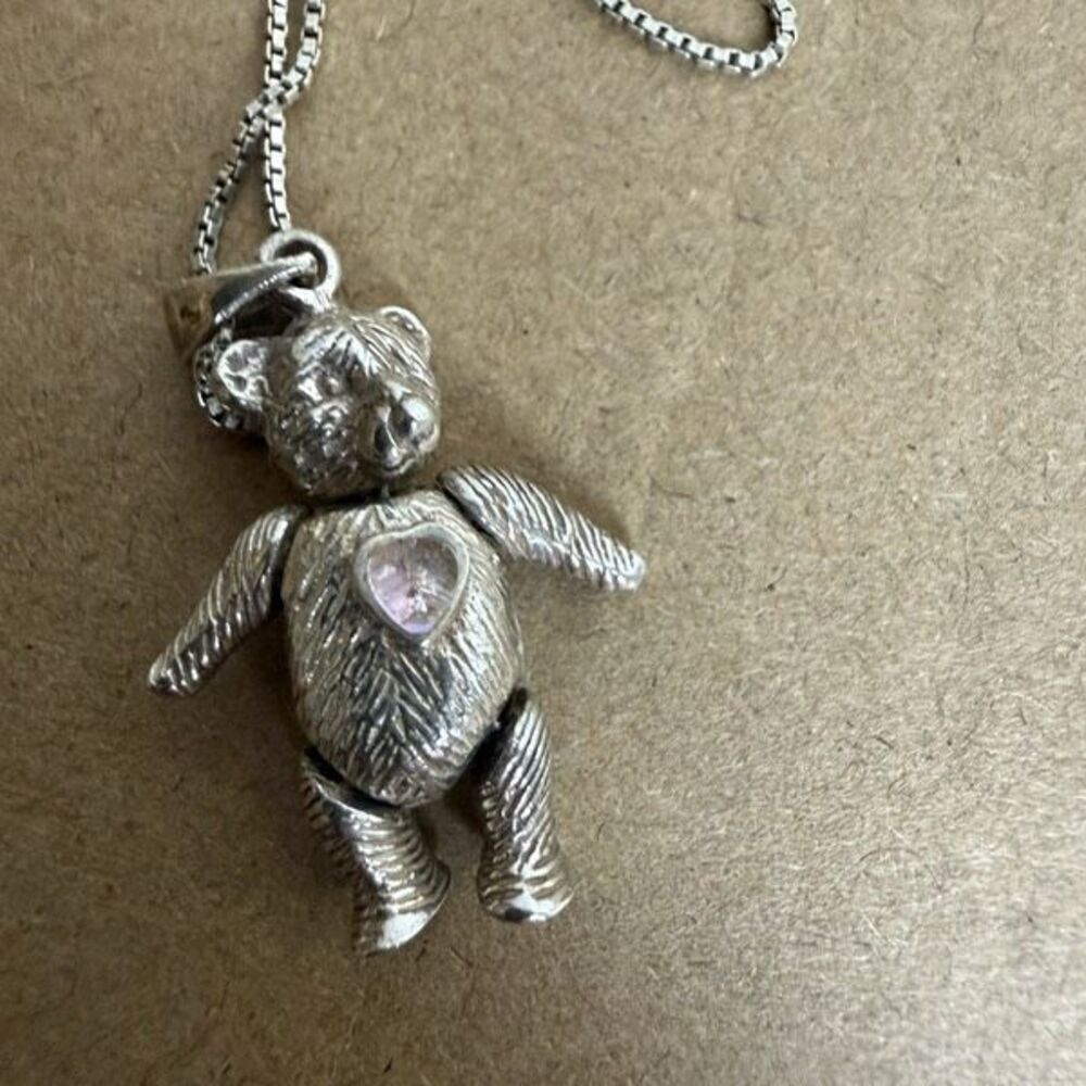 Vintage Sterling Silver Articulated Teddy Bear Necklace Pink Stone Movable Penda